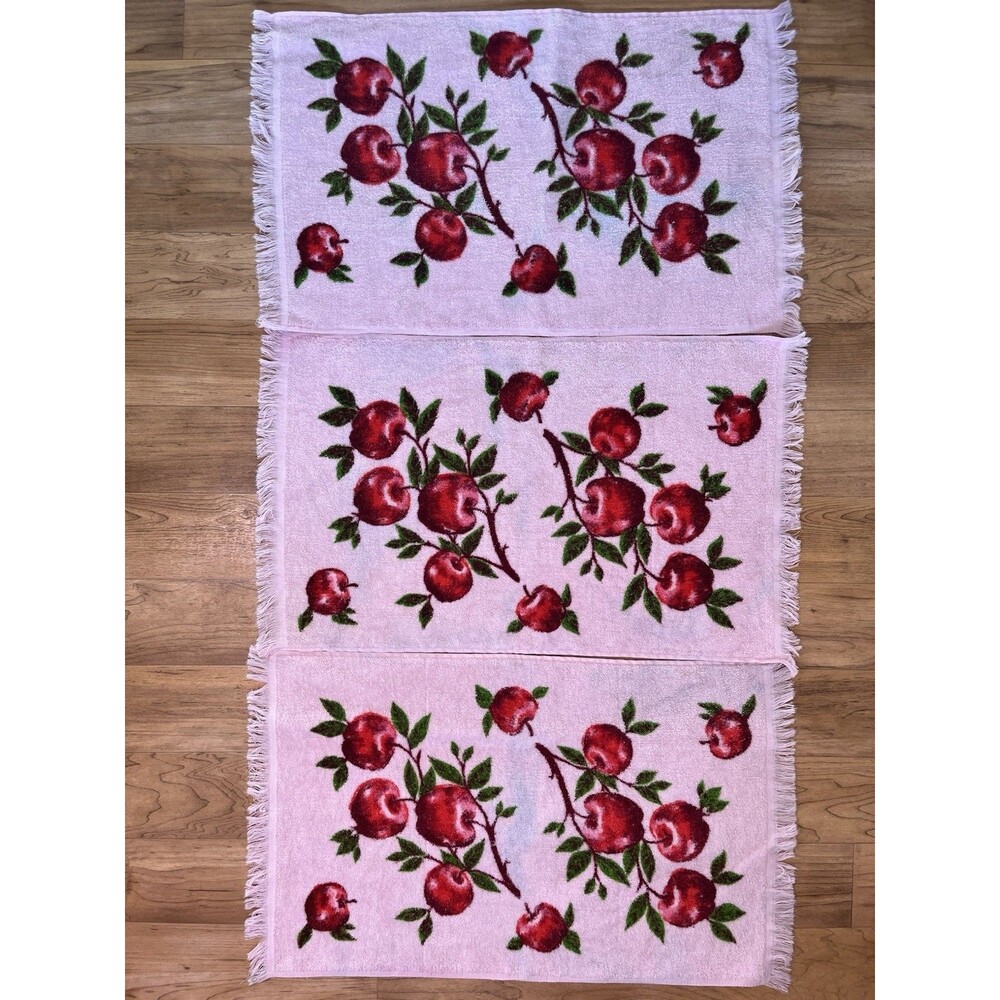 Vintage Pink Fruit Printed Kitchen Terry Towel Cherries Strawberries Set Of 3